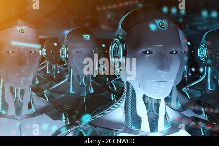 Gruppo di robot maschi che seguono il leader cyborg Army Concept 3d rendering Foto Stock
