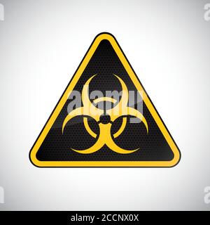 Attenzione segnale di pericolo biologico. Cartello di pericolo biologico di avvertenza in carbonio giallo nero su sfondo bianco. Icona di protezione del progetto, pulsante. Vettore di informazioni sy Illustrazione Vettoriale