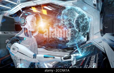 Robot cyborg in una sala di controllo che vola un bianco moderno Astronave con finestra sullo spazio e ologramma digitale terrestre Rendering 3D Foto Stock