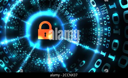 Protezione del sistema informatico, sicurezza del database, Internet sicuro. Simbolo di blocco su dati astratti del calcolatore background programmazione codice binario, protezione dei dati Illustrazione Vettoriale