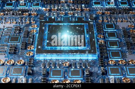 Vista ravvicinata di una moderna scheda GPU con circuito e collegamenti Foto Stock