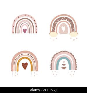 Arcobaleni alla moda in stile boho in diversi colori. Arcobaleni con nuvole, stelle e cuori. Illustrazioni bambini per vacanze. Doodle art elementi Illustrazione Vettoriale
