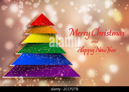 Albero di Natale in colori arcobaleno. Biglietto d'auguri natalizio in colori LGBT. Vacanze di tolleranza con il supporto della comunità LGBTQ Foto Stock