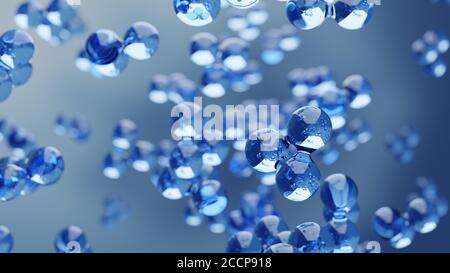 Acqua astratta idrogeno e ossigeno molecole di vetro galleggianti in fondo fluido blu con fuoco selettivo - illustrazione 3D, ambiente, acqua o lo zio Foto Stock