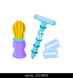 Eco Collection per la rasatura. Rasoio, lama e spazzola di rasatura in acciaio inox. Illustrazione vettoriale isolata in stile cartoon Illustrazione Vettoriale
