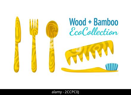 Eco collezione legno e bambù. Sostituto ecologico di coltello, forchetta, cucchiaio, pettine e spazzolino da denti in plastica. Illustrazione vettoriale isolata nel cartone animato Illustrazione Vettoriale