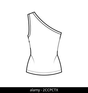 Canotta in Jersey stretch a una spalla illustrazione tecnica di moda con corpo montato, orlo allungato. Outwear piatto cami modello di abbigliamento frontale colore bianco. Donna, uomo maglia unisex top mockup CAD Illustrazione Vettoriale