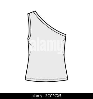 Canotta in Jersey stretch a una spalla illustrazione tecnica della moda con corpo oversize, orlo allungato. Outwear piatto cami modello di abbigliamento frontale, colore grigio. Donna, uomo maglia unisex top mockup CAD Illustrazione Vettoriale