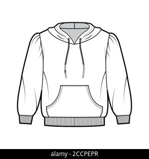 Felpa con cappuccio in Jersey di cotone con fit sciolto, spalle gonfie, maniche a gomito, tasca anteriore. Mascherina per ponticelli piatta, colore bianco anteriore. Donna uomo maglia unisex Illustrazione Vettoriale