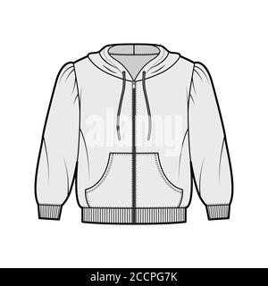 Felpa con cappuccio in Jersey di cotone con zip con spalle gonfie, maniche a gomito, tasca anteriore. Modello di abbigliamento a ponticello piatto, colore grigio anteriore. Donna uomo maglia unisex Illustrazione Vettoriale