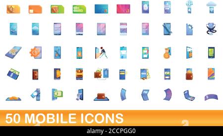 set di 50 icone per dispositivi mobili. Illustrazione cartoon di 50 icone mobili vettore insieme isolato su sfondo bianco Illustrazione Vettoriale