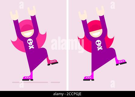 Colorato isolato su sfondo grigio Funny Rocker Girl Dancing vettore illustrazione. Sorridente ragazza ascoltando musica, alzò le mani e mostrò Illustrazione Vettoriale