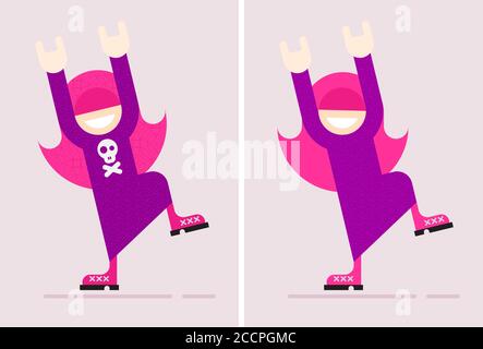 Colorato isolato su uno sfondo chiaro Funny Rocker Girl Dancing vettore illustrazione. Sorridente ragazza ascoltando musica, alzò le mani e mostrò Illustrazione Vettoriale