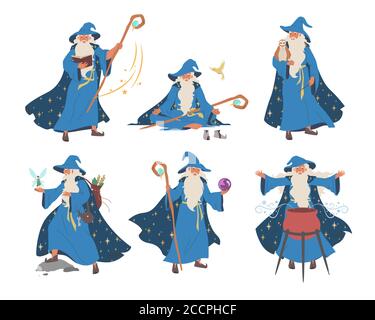 Vecchia procedura guidata, serie di caratteri cartoni animati magici, illustrazione isolata vettoriale piatta. Fantasia, magia Merlin incantesimi. Illustrazione Vettoriale