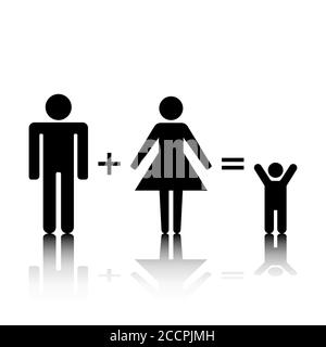 Set di famiglia stick figure, nero womans e mans sagome su uno sfondo bianco. Icone di persone, illustrazione vettoriale. Illustrazione Vettoriale