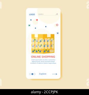 Modello per il concetto di servizio di consegna online con confezioni in cartone e icone di consegna. Pagina web con pacchi postali, pacchi, scatole, lettere, buste. Illustrazione Vettoriale
