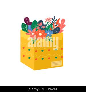 Confezioni in cartone con fiori per icone di consegna. Set di pacchi postali, pacchi, scatole, lettere, buste. Pacchetto per concetto di servizio di consegna online. Illustrazione Vettoriale