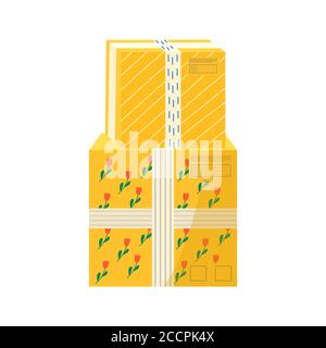 Confezioni in cartone con nastro adesivo per icone di consegna. Set di pacchi postali, pacchi, scatole, lettere, buste. Pacco per servizio di consegna online con Illustrazione Vettoriale