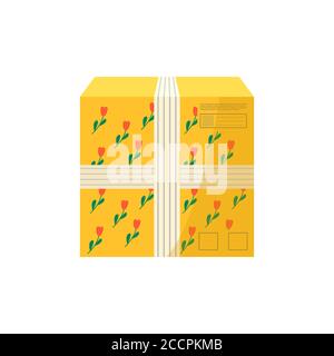 Confezioni in cartone con nastro adesivo per icone di consegna. Set di pacchi postali, pacchi, scatole, lettere, buste. Pacco per servizio di consegna online con Illustrazione Vettoriale