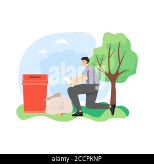 Giovane uomo, raccoglitore di rifiuti, lavoratore della società di pulizia raccolta rifiuti, illustrazione vettoriale piatta Illustrazione Vettoriale