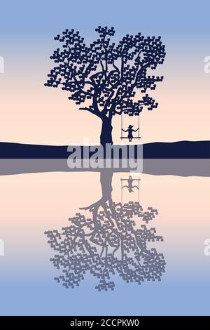 ragazza su un'oscillazione sotto un albero grande dal immagine vettoriale del lago EPS10 Illustrazione Vettoriale