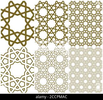 Ornamento geometrico senza cuciture basato sulle linee di colore marrone tradizionali dell'arte islamica.Set singolo modello,2x2,4x4. Illustrazione Vettoriale