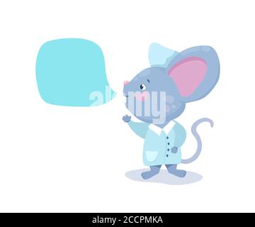 Carino medico mouse con testo bolla vettore carattere su sfondo bianco. Mouse grigio in camice da laboratorio. Consulente sanitario per i bambini con spazio per i messaggi. Bambini Illustrazione Vettoriale