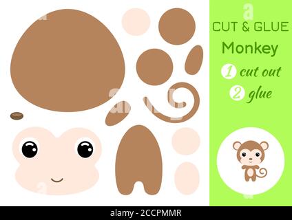 Tagliare e incollare la scimmia del bambino. Foglio di lavoro per lo sviluppo dell'istruzione. Gioco di carta a colori per bambini in età prescolare. Tagliare le parti dell'immagine e incollare sulla carta. Illustrazione Vettoriale