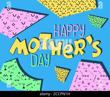 Banner colorato Happy Mother's Day con scritte e blocchi di colori. Allegro biglietto d'auguri per il giorno della Madre. Mom congratulazioni in moderno memphis stil Illustrazione Vettoriale