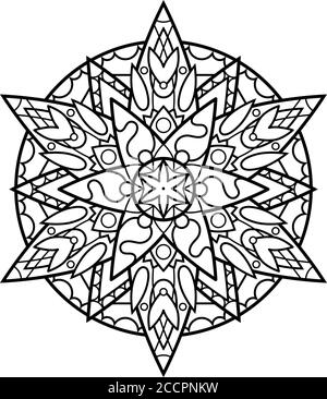 Mandala vettoriale in bianco e nero su sfondo bianco. Pagina di colorazione antistress. Ornamento orientale mandala isolato. Pizzo floreale, francobollo rotondo. Meditazione Illustrazione Vettoriale