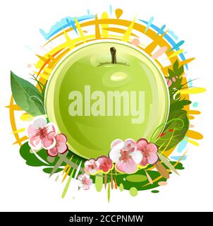 Mela verde. Frutta estiva. Raggi solari e spruzzi di succo. Giardino agricolo pianta. Vendemmia autunnale matura. Illustrazione vettoriale isolata su sfondo bianco Illustrazione Vettoriale