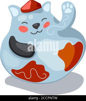 Maneki neko o fortunato gatto figurine. Tradizionale maskot asiatico per il Capodanno lunare. Illustrazione del vettore di gatto felice su sfondo bianco. Animale sorridente in c Illustrazione Vettoriale