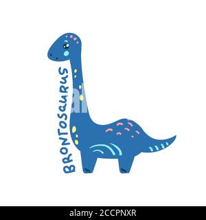 Dinosauro cartoni animati Brontosaurus. Carino carattere dinosauro isolato. Divertente illustrazione vettoriale dei dinosauri su sfondo bianco. Letterina disegnata a mano sul Brontosauro Illustrazione Vettoriale