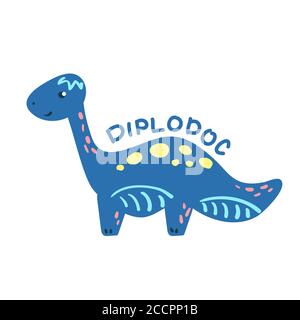 Dinosauro cartoon Diplodocus. Carino carattere dinosauro isolato. Divertente illustrazione vettoriale dei dinosauri su sfondo bianco. Diplodoc scritte disegnate a mano. Bambino Illustrazione Vettoriale