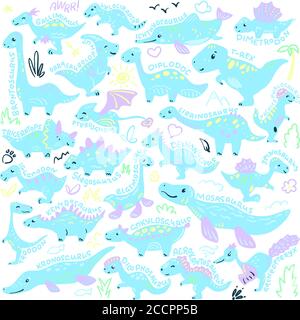 Set di dinosauri carini con scritte con il nome della specie. Immagine vettoriale a colori pastello su sfondo bianco. Poster per bambini con carattere dinosauro. Prehisto Illustrazione Vettoriale