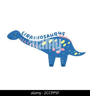 Dinosauro cartoon Lirainosaurus. Carino carattere dinosauro isolato. Divertente illustrazione vettoriale dei dinosauri su sfondo bianco. Lirainosaurus lettera disegnata a mano Illustrazione Vettoriale