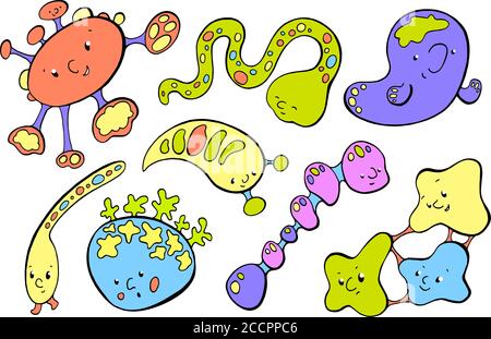 Illustrazione vettoriale dei caratteri microbi colorati su sfondo bianco. Mostri o personaggi alieni. Sanità e igiene per i bambini. Infezione bac Illustrazione Vettoriale