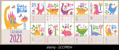 Modello di calendario Vector 2021 con dinosauri in stile cartoon per bambini Illustrazione Vettoriale