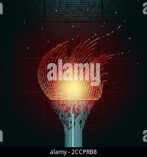 Una torcia a combustione, è costituita da schede a circuito stampato, la fiamma dal codice binario. Artefatto dall'astratto del ciberspazio. Computer high-tech Illustrazione Vettoriale