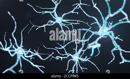 Celle neurali astratte con punti luminosi. Sinapsi e cellule neuronali inviano segnali chimici elettrici. Neurone di neuroni interconnessi con Foto Stock