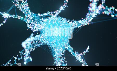 Cellule neurali astratte. Neurone ai. Scienza della tecnologia della rete neurale artificiale. Sinapsi e cellule neuronali inviano segnali elettrici. Cloud computing Foto Stock