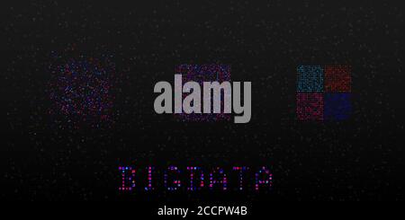 Visualizzazione del processo di analisi dei big data. Concetto di analisi delle informazioni. Flusso di informazioni rettangolari. Ordinamento del codice binario. Scienza Illustrazione Vettoriale