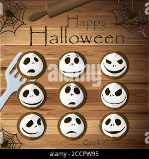 Vista dall'alto del tavolo con biscotti per Halloween. Illustrazione vettoriale di un tavolo di legno con fantasmi di pan di zenzero per una vacanza. Cartoni animati volti di fantasmi con diverse emozioni su dolci per i bambini. Trucchi e trucco Illustrazione Vettoriale