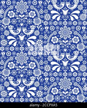 Scandinavo senza cuciture motivo vettoriale di arte popolare, sfondo floreale ripetitivo con uccelli e fiori in bianco su blu navy Illustrazione Vettoriale