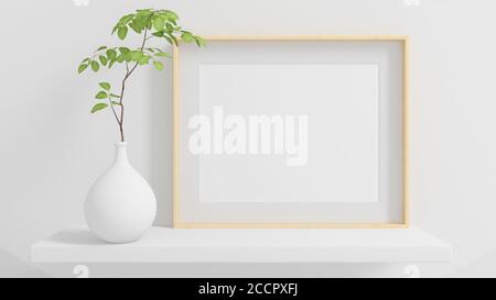 Telaio orizzontale su un ripiano con pianta minimale mock up rendering 3d Foto Stock