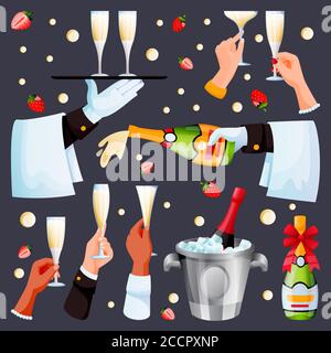 Mani bianche e nere umane che tengono bicchieri da bere e bottiglia di champagne. Vettore cartoon piatto illustrazione di cameriere versa e porta champagne. Uomini Illustrazione Vettoriale