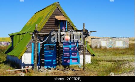 Primo piano di una casa abbandonata a Cabo Polonio, Uruguay Foto Stock