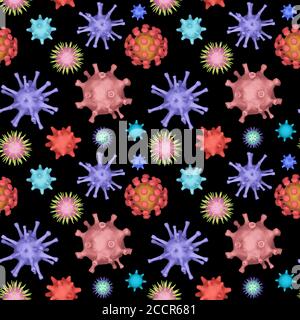 patern senza soluzione di continuità di diversi tipi di virus, coronavirus, herpes. Organismi biologici sfondo. Molti virus varios su sfondo nero. rendering 3d Foto Stock