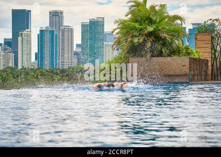 Manila, Filippine - Feb 02, 2020. Un uomo nuota una farfalla in una piscina sul tetto di un hotel di lusso. Vista della città di Manila dalla piscina del Foto Stock