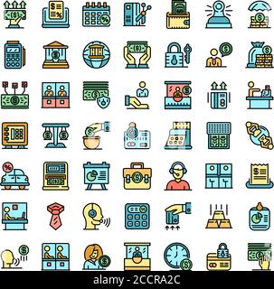 Le icone di Bank teller impostano il vettore piatto Illustrazione Vettoriale